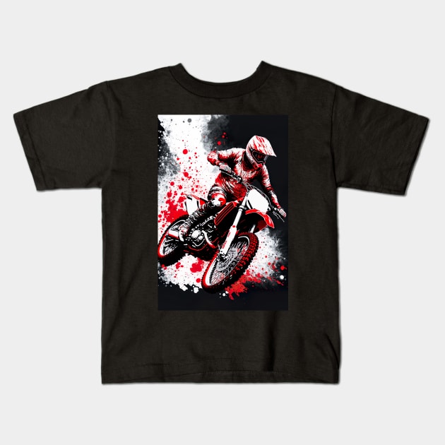 Dirt Bike With Red and Black Paint Splash Design Kids T-Shirt by KoolArtDistrict